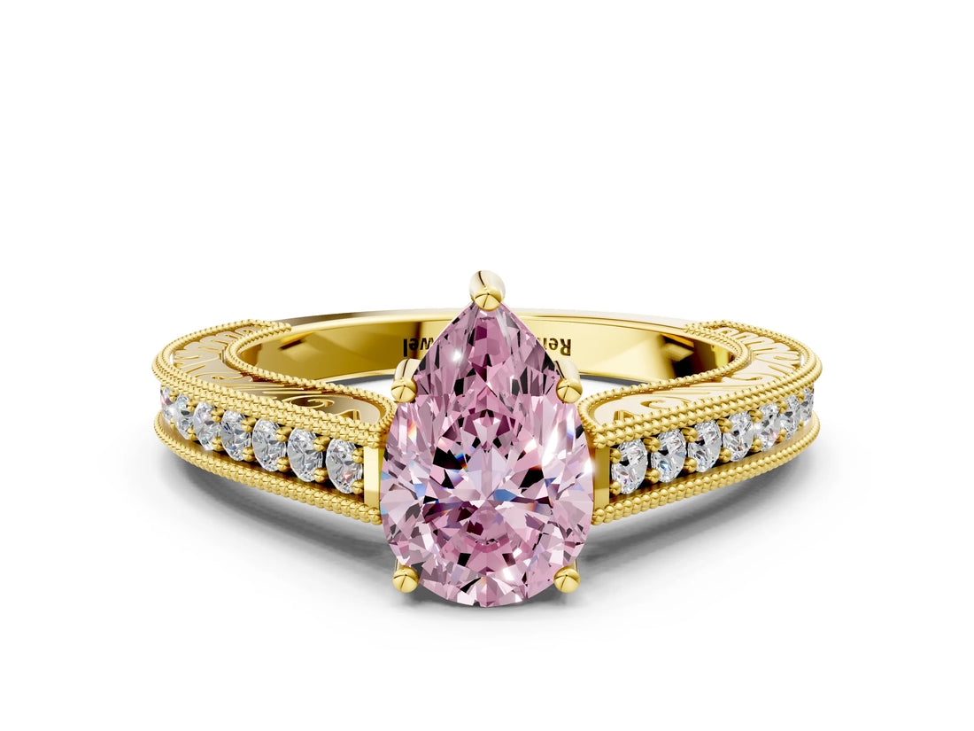 Yellow gold Fancy Pink Pear Cut Cut Pave Band Milgrain Solitaire Ring