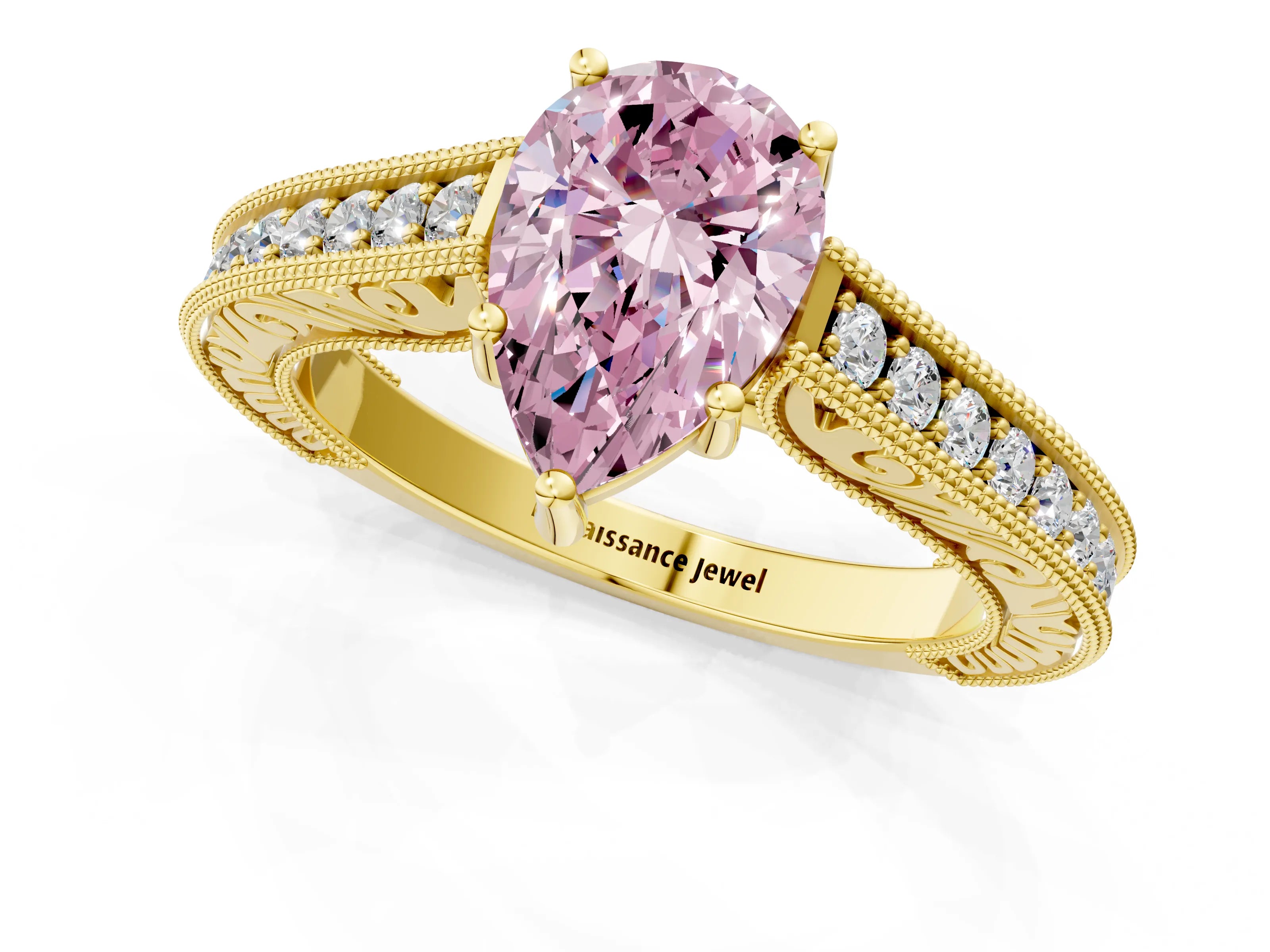 Yellow gold Fancy Pink Pear Cut Cut Pave Band Milgrain Solitaire Ring_1