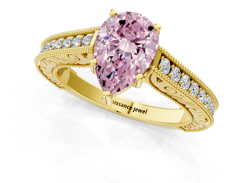 Yellow gold Fancy Pink Pear Cut Cut Pave Band Milgrain Solitaire Ring_1