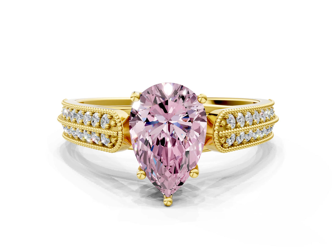 Yellow gold Fancy Pink Pear Cut Cut Pave Split Shank Engagement Ring with Four-Prong Setting
