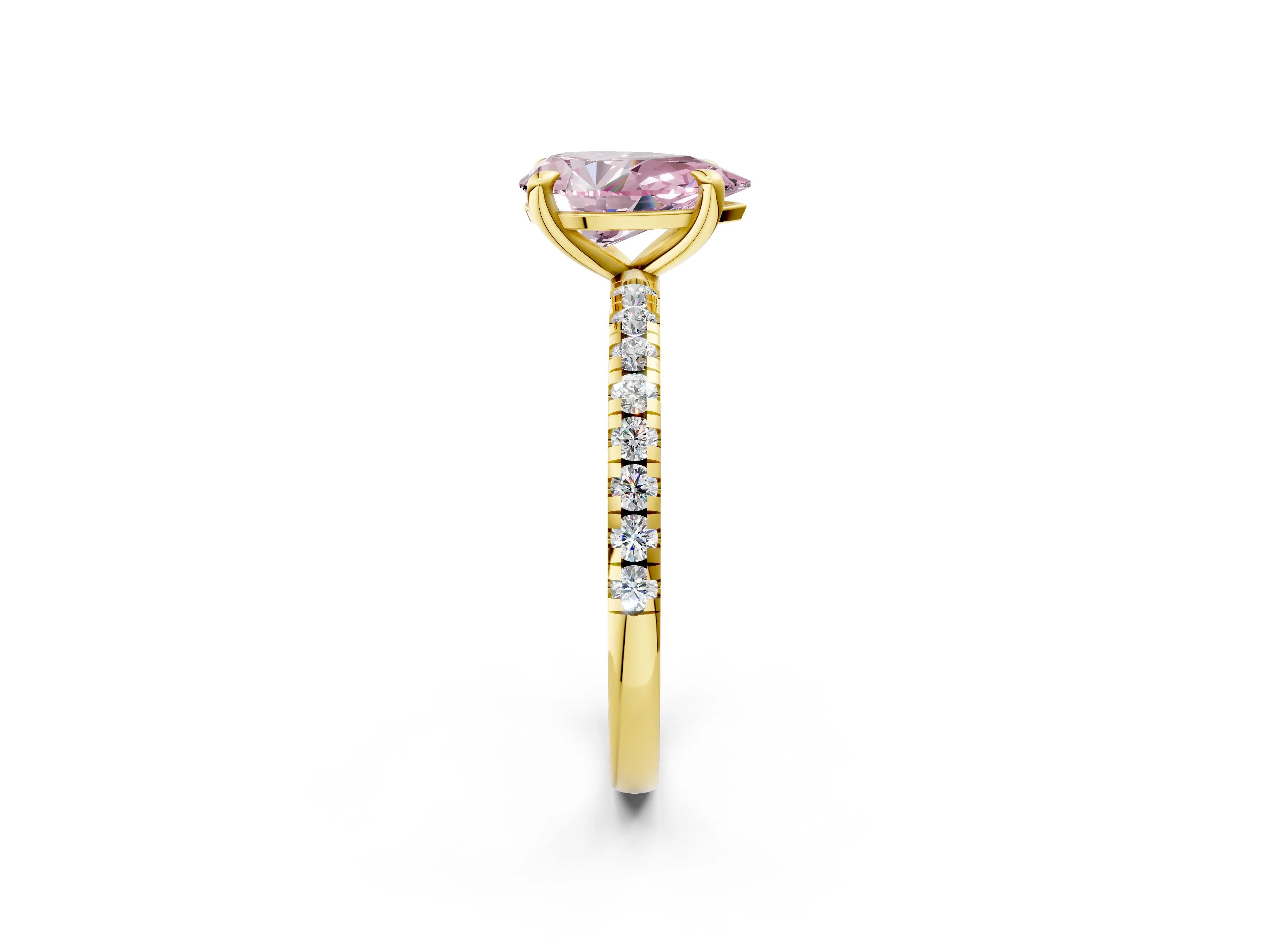 Yellow gold Fancy Pink Pear Cut Diamond Brilliant Solitaire Ring with Pavé Band and Four-Prong Setting_2