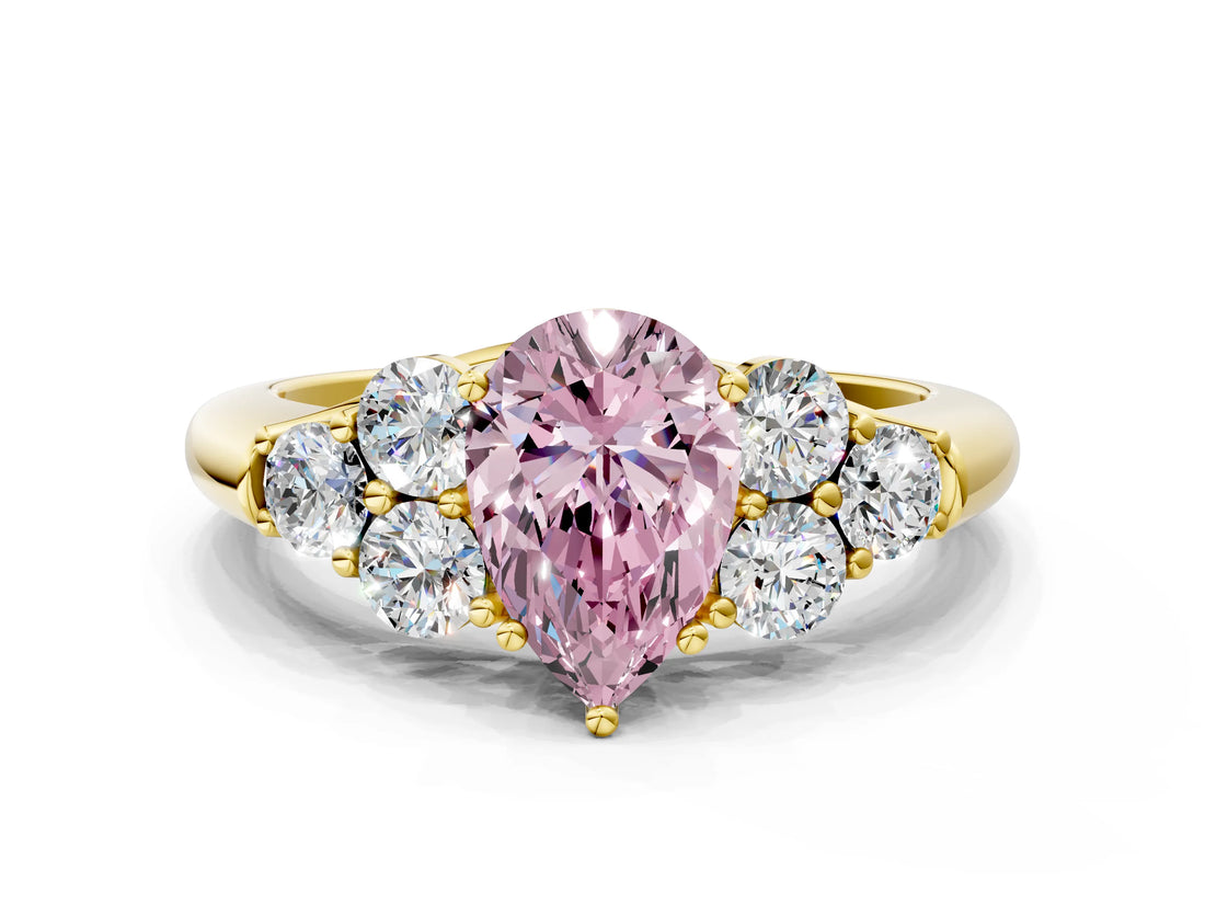 Yellow gold Fancy Pink Pear  Cut Diamond Cluster Ring with Round Accent Stones and Prong Setting on a Classic Band_52