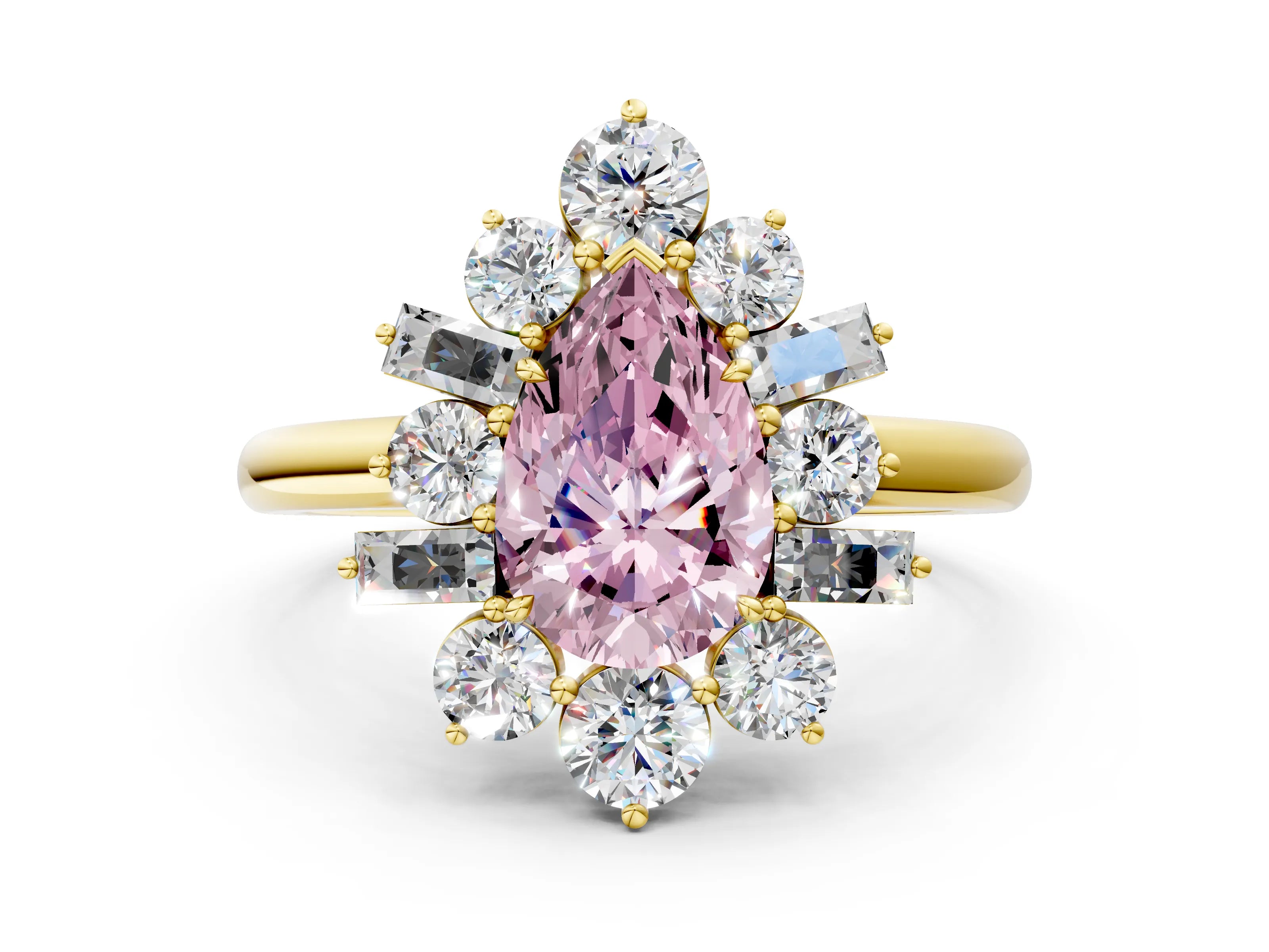 Yellow gold Fancy Pink Pear Cut Diamond Cluster Ring with Round and Baguette Stones, Split Shank Band, Prong Setting