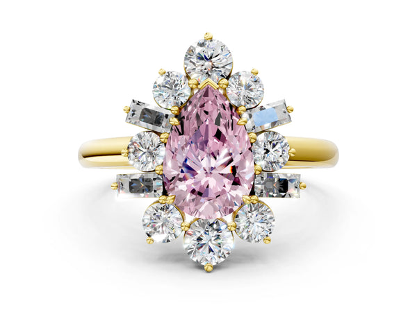 Yellow gold Fancy Pink Pear Cut Diamond Cluster Ring with Round and Baguette Stones, Split Shank Band, Prong Setting