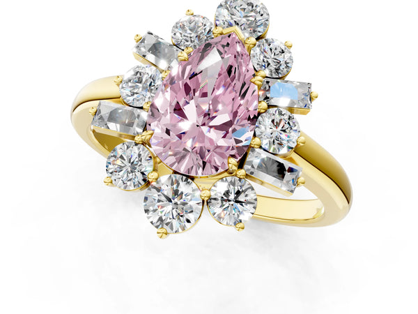 Yellow gold Fancy Pink Pear Cut Diamond Cluster Ring with Round and Baguette Stones, Split Shank Band, Prong Setting