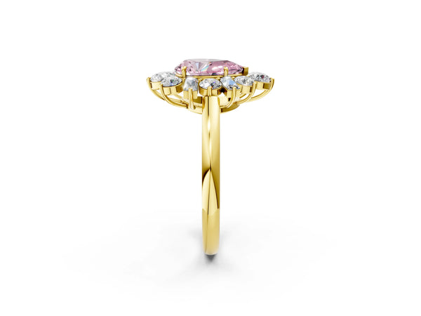 Yellow gold Fancy Pink Pear Cut Diamond Cluster Ring with Round and Baguette Stones, Split Shank Band, Prong Setting