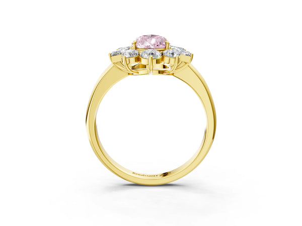 Yellow gold Fancy Pink Pear Cut Diamond Cluster Ring with Round and Baguette Stones, Split Shank Band, Prong Setting