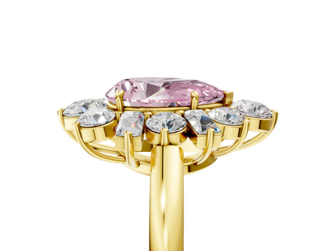 Yellow gold Fancy Pink Pear Cut Diamond Cluster Ring with Round and Baguette Stones, Split Shank Band, Prong Setting_5