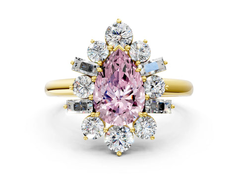 Yellow gold Fancy Pink Pear Cut Diamond Cluster Ring with Round and Baguette Stones, Split Shank Band, Prong Setting