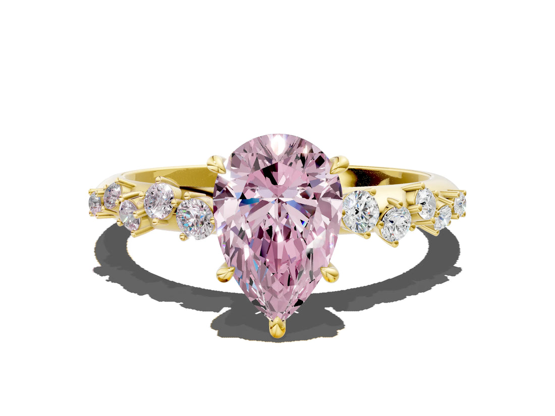 Yellow gold Fancy Pink Pear Cut Diamond Cluster Side Stone Solitaire Ring with Prong Setting_53