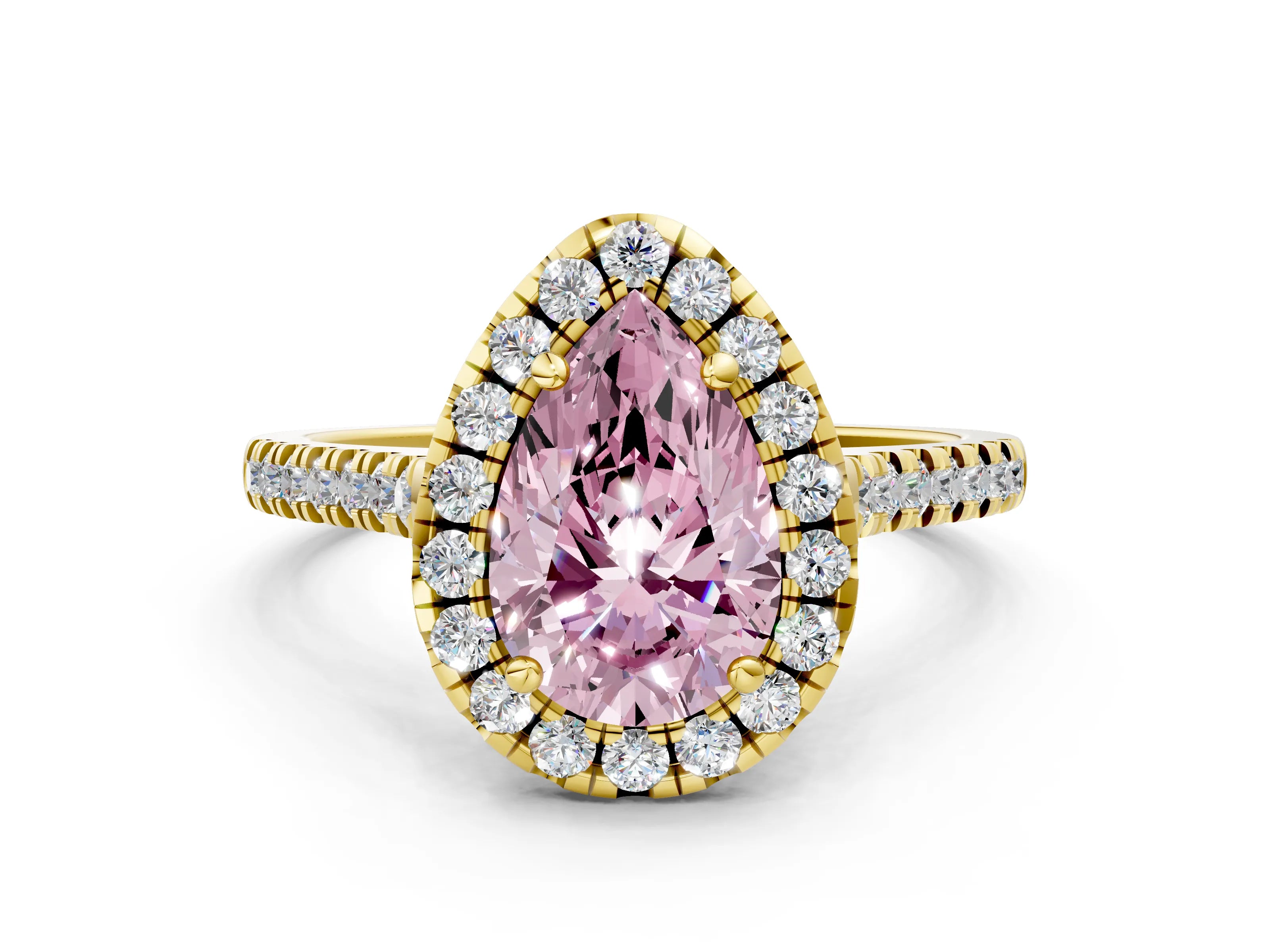 Yellow gold Fancy Pink Pear Cut Diamond Cushion Halo Ring with Pavé Band