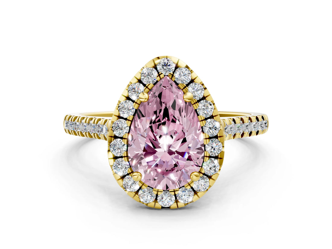 Yellow gold Fancy Pink Pear Cut Diamond Cushion Halo Ring with Pavé Band