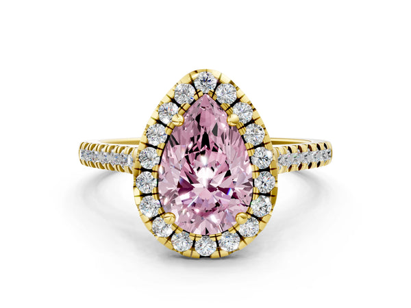 Yellow gold Fancy Pink Pear Cut Diamond Cushion Halo Ring with Pavé Band