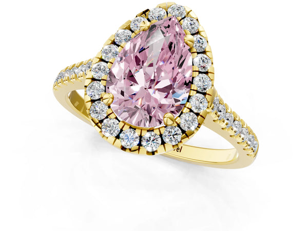 Yellow gold Fancy Pink Pear Cut Diamond Cushion Halo Ring with Pavé Band