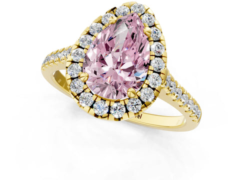 Yellow gold Fancy Pink Pear Cut Diamond Cushion Halo Ring with Pavé Band_1