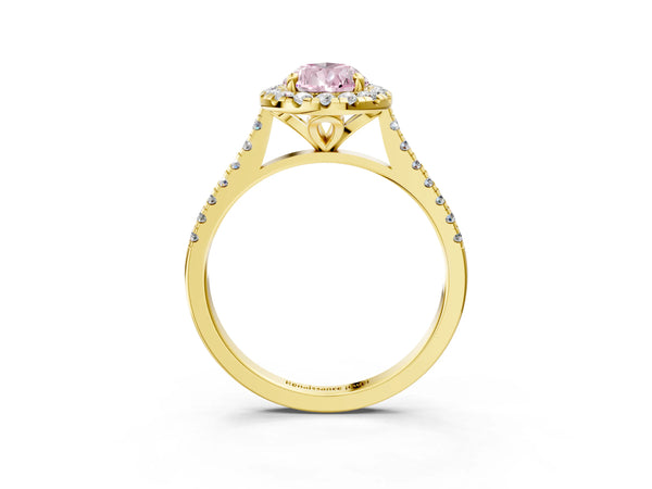 Yellow gold Fancy Pink Pear Cut Diamond Cushion Halo Ring with Pavé Band