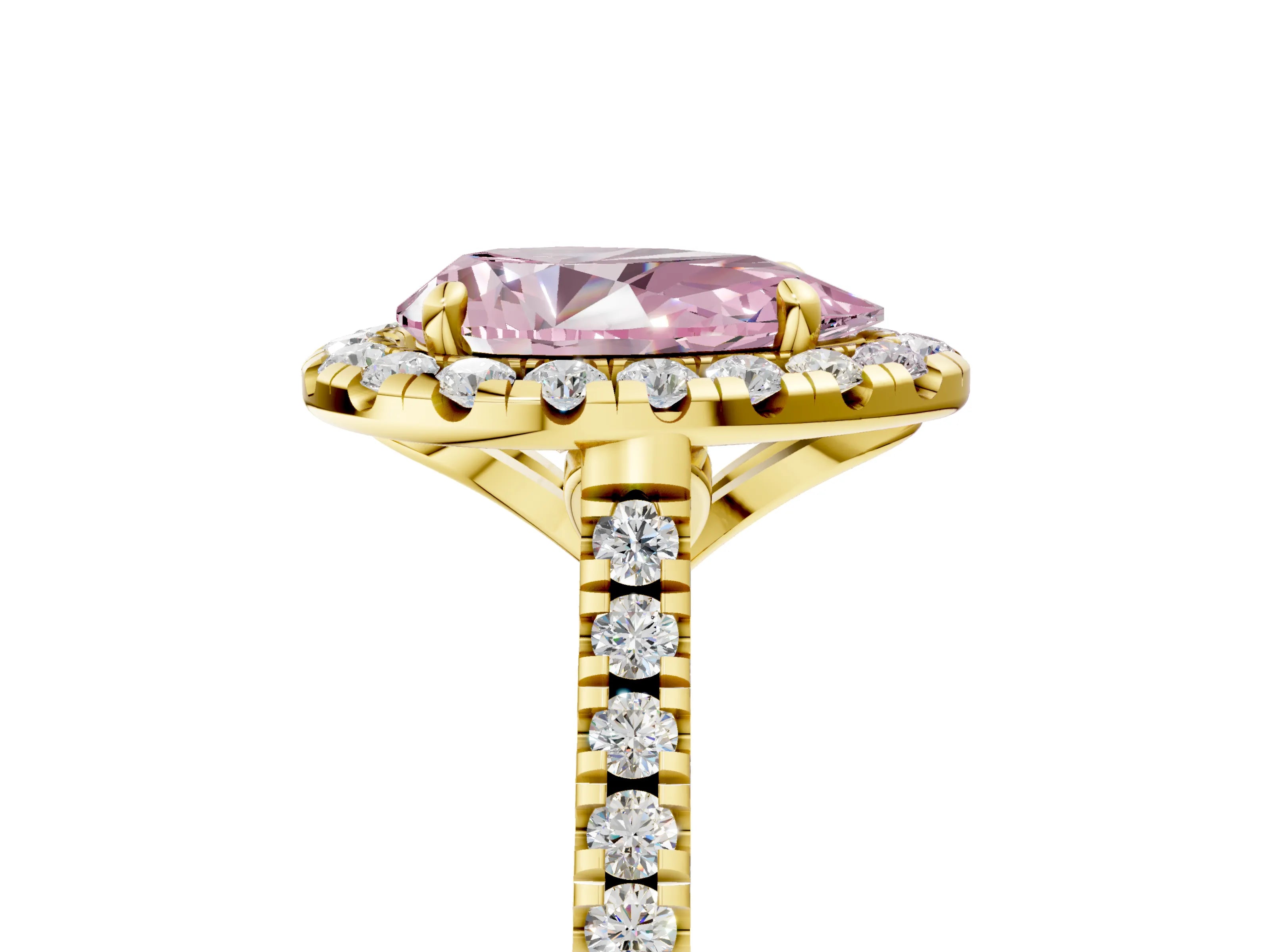 Yellow gold Fancy Pink Pear Cut Diamond Cushion Halo Ring with Pavé Band_5