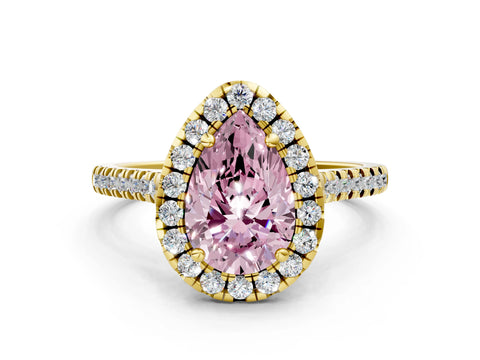 Yellow gold Fancy Pink Pear Cut Diamond Cushion Halo Ring with Pavé Band