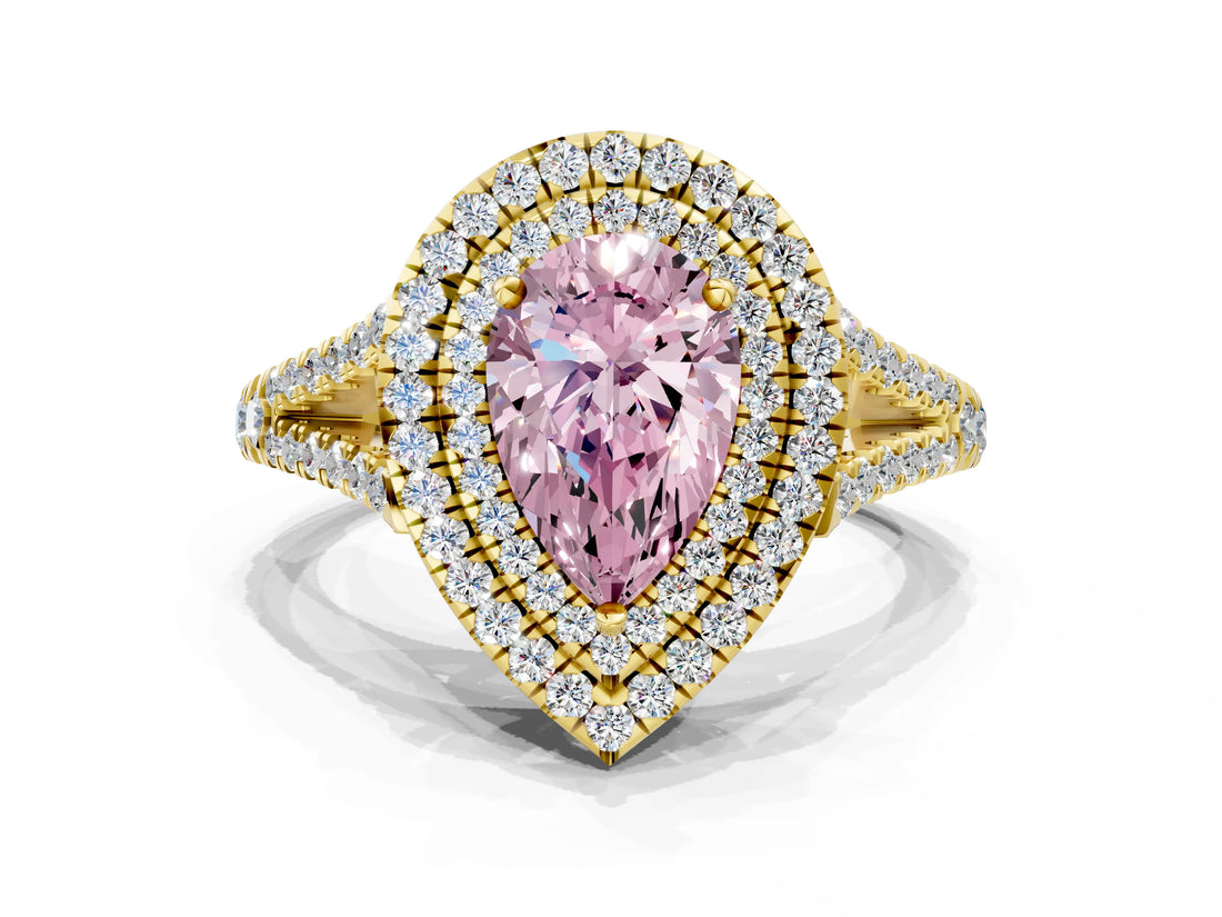 Yellow gold Fancy Pink Pear Cut Diamond Double Halo Ring with Pavé Band and Prong Setting_73