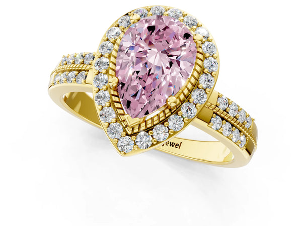 Yellow gold Fancy Pink Pear Cut Diamond Double Halo Ring with Split Shank and Four-Prong Setting