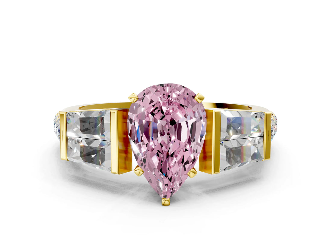 Yellow gold Fancy Pink Pear Cut Diamond Engagement Ring with Baguette Side Stones and Channel Set Band_20