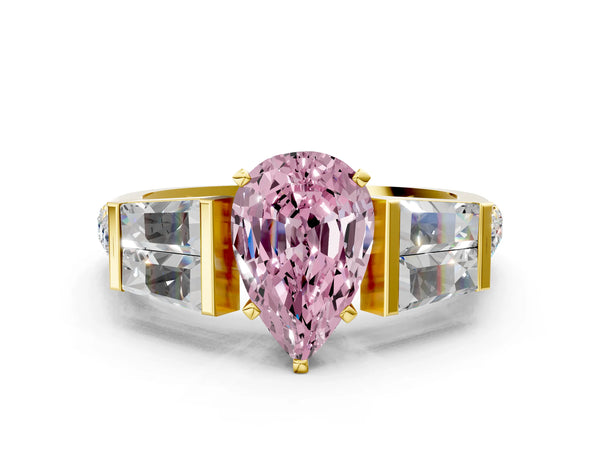 Yellow gold Fancy Pink Pear Cut Diamond Engagement Ring with Baguette Side Stones and Channel Set Band