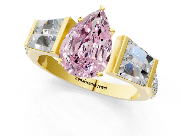 Yellow gold Fancy Pink Pear Cut Diamond Engagement Ring with Baguette Side Stones and Channel Set Band