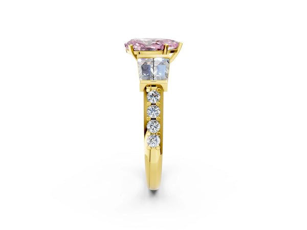 Yellow gold Fancy Pink Pear Cut Diamond Engagement Ring with Baguette Side Stones and Channel Set Band