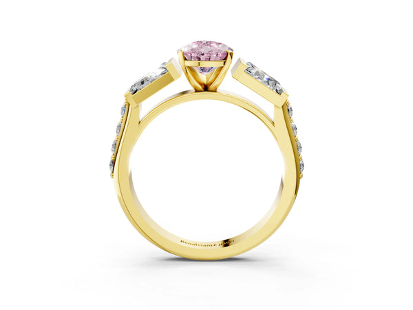 Yellow gold Fancy Pink Pear Cut Diamond Engagement Ring with Baguette Side Stones and Channel Set Band