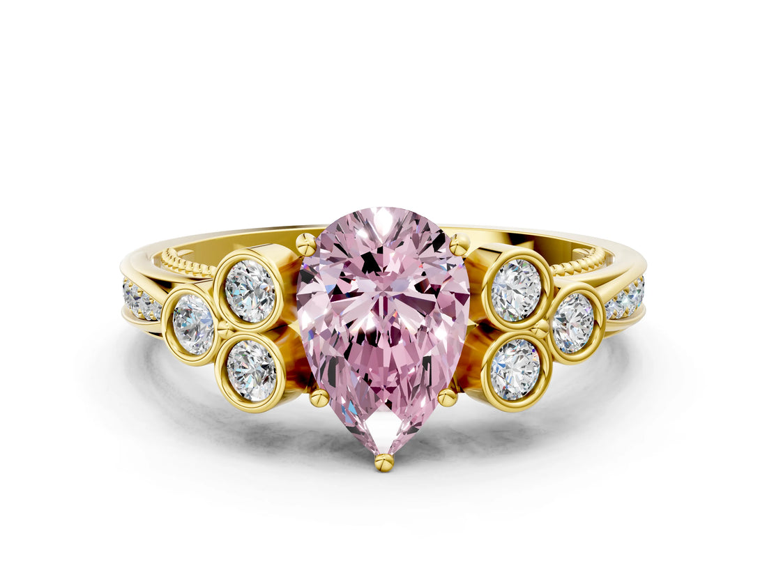 Yellow gold Fancy Pink Pear  Cut Diamond Engagement Ring with Bezel Set Round Side Stones and Prong Setting_52