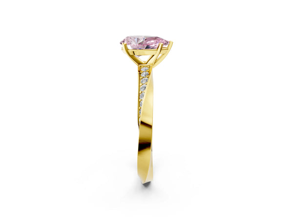 Yellow gold Fancy Pink Pear Cut Diamond Engagement Ring with Side Stone Accents and Four-Prong Setting