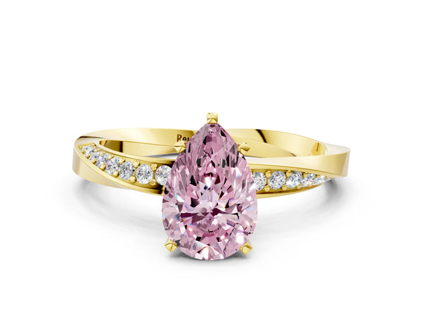 Yellow gold Fancy Pink Pear Cut Diamond Engagement Ring with Side Stone Accents and Four-Prong Setting