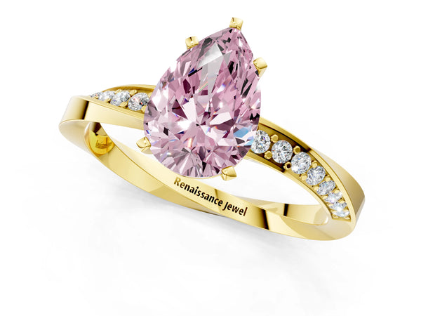 Yellow gold Fancy Pink Pear Cut Diamond Engagement Ring with Side Stone Accents and Four-Prong Setting