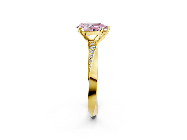 Yellow gold Fancy Pink Pear Cut Diamond Engagement Ring with Side Stone Accents and Four-Prong Setting