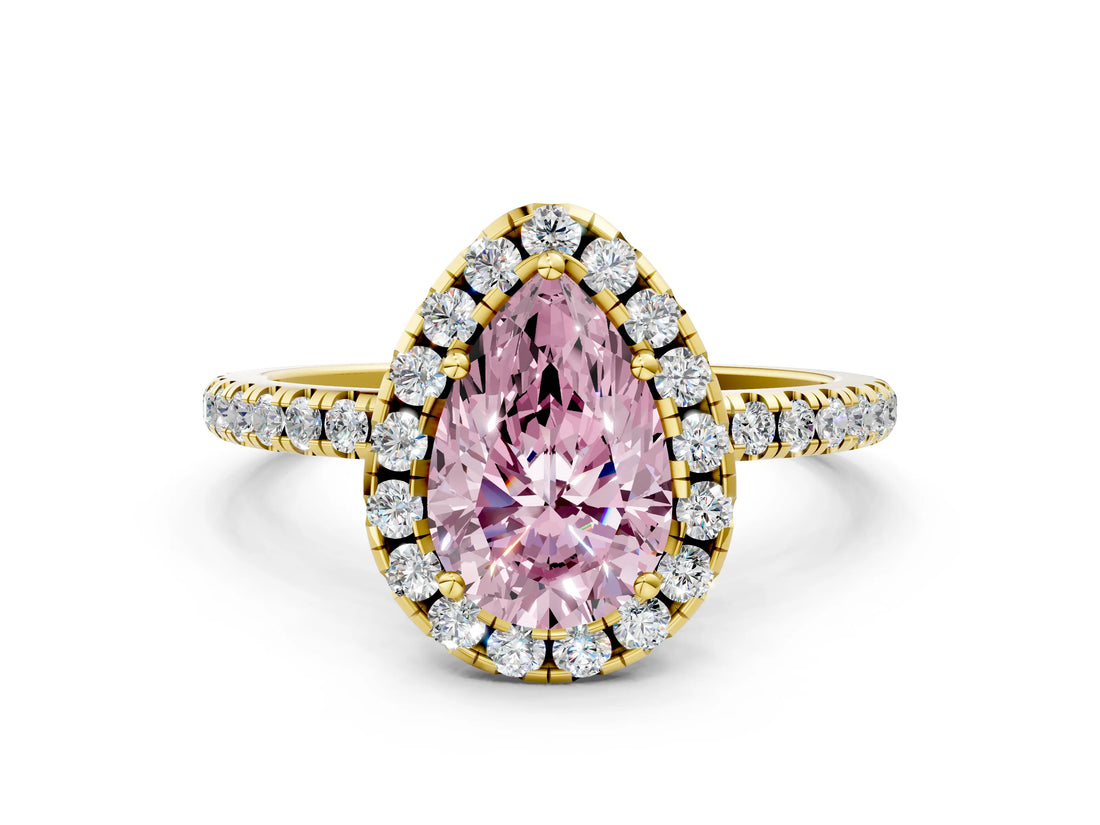 Yellow gold Fancy Pink Pear  Cut Diamond Floral Halo Engagement Ring with Pavé Band and Prong Setting_37