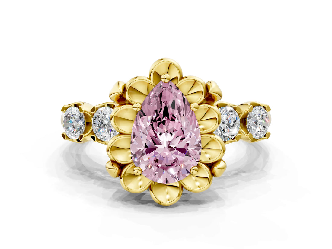 Yellow gold Fancy Pink Pear  Cut Diamond Floral Halo Engagement Ring with Shared Prong Setting 1