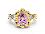 Yellow gold Fancy Pink Pear  Cut Diamond Floral Halo Engagement Ring with Shared Prong Setting 1