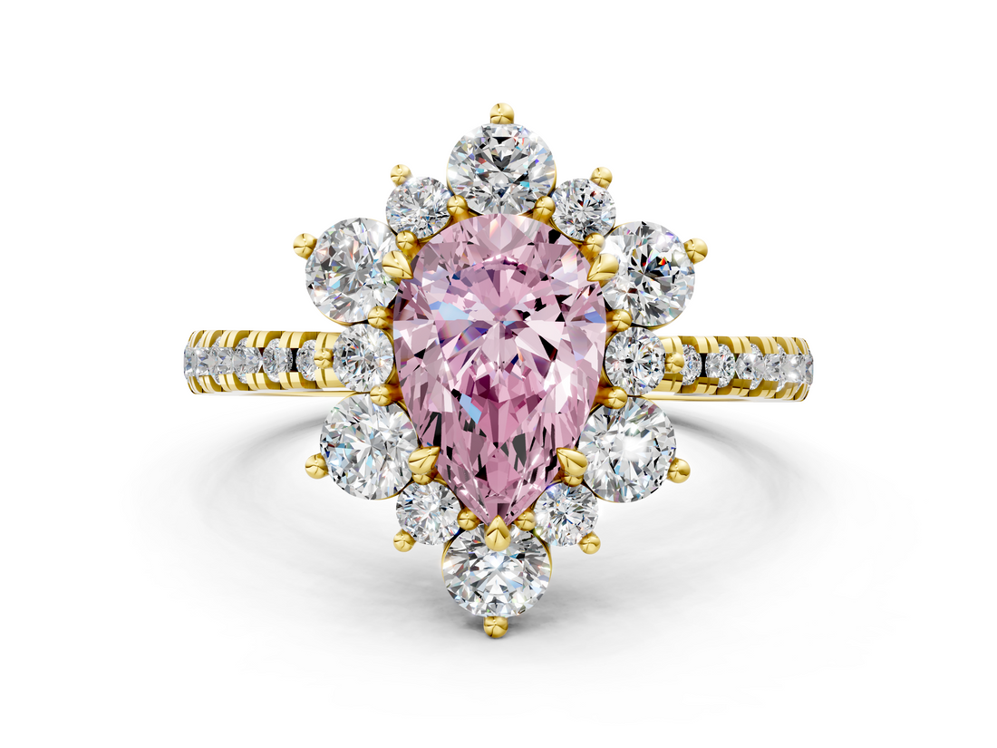 Yellow gold Fancy Pink Pear  Cut Diamond Floral Halo Pave Band with Prong Setting_37