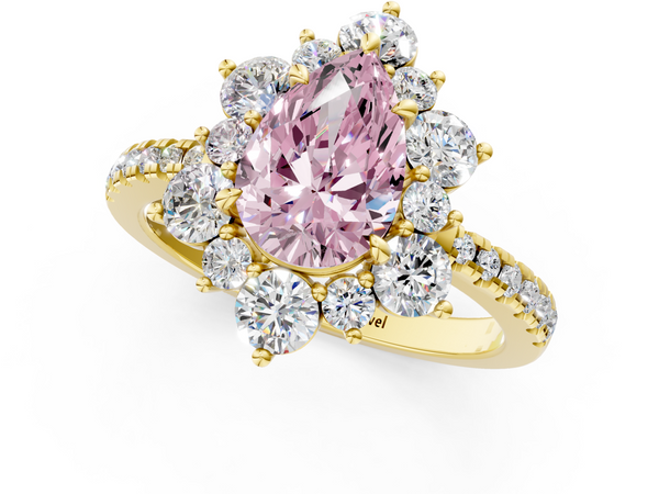 Yellow gold Fancy Pink Pear  Cut Diamond Floral Halo Pave Band with Prong Setting