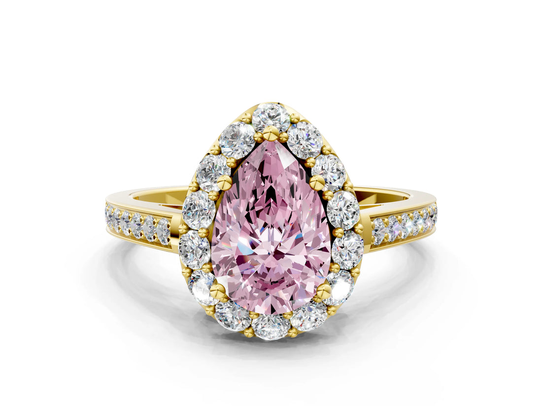 Yellow gold Fancy Pink Pear Cut Diamond Floral Halo Ring with Pavé Band and Prong Setting_3