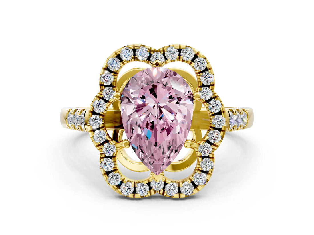 Yellow gold Fancy Pink Pear Cut Diamond Floral Halo Split Shank Prong Setting Ring
