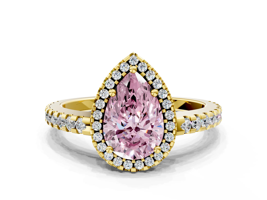 Yellow gold Fancy Pink Pear Cut Diamond Halo Engagement Ring with Pavé Band and Prong Setting_27