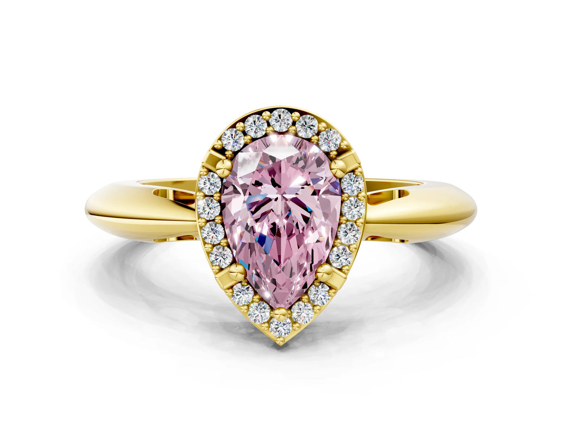 Yellow gold Fancy Pink Pear  Cut Diamond Halo Engagement Ring with Split Shank and Four-Prong Setting_90