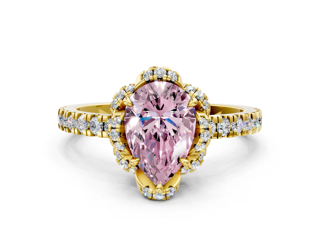 Yellow gold Fancy Pink Pear Cut Diamond Halo Pave Band with Four-Prong Setting_3