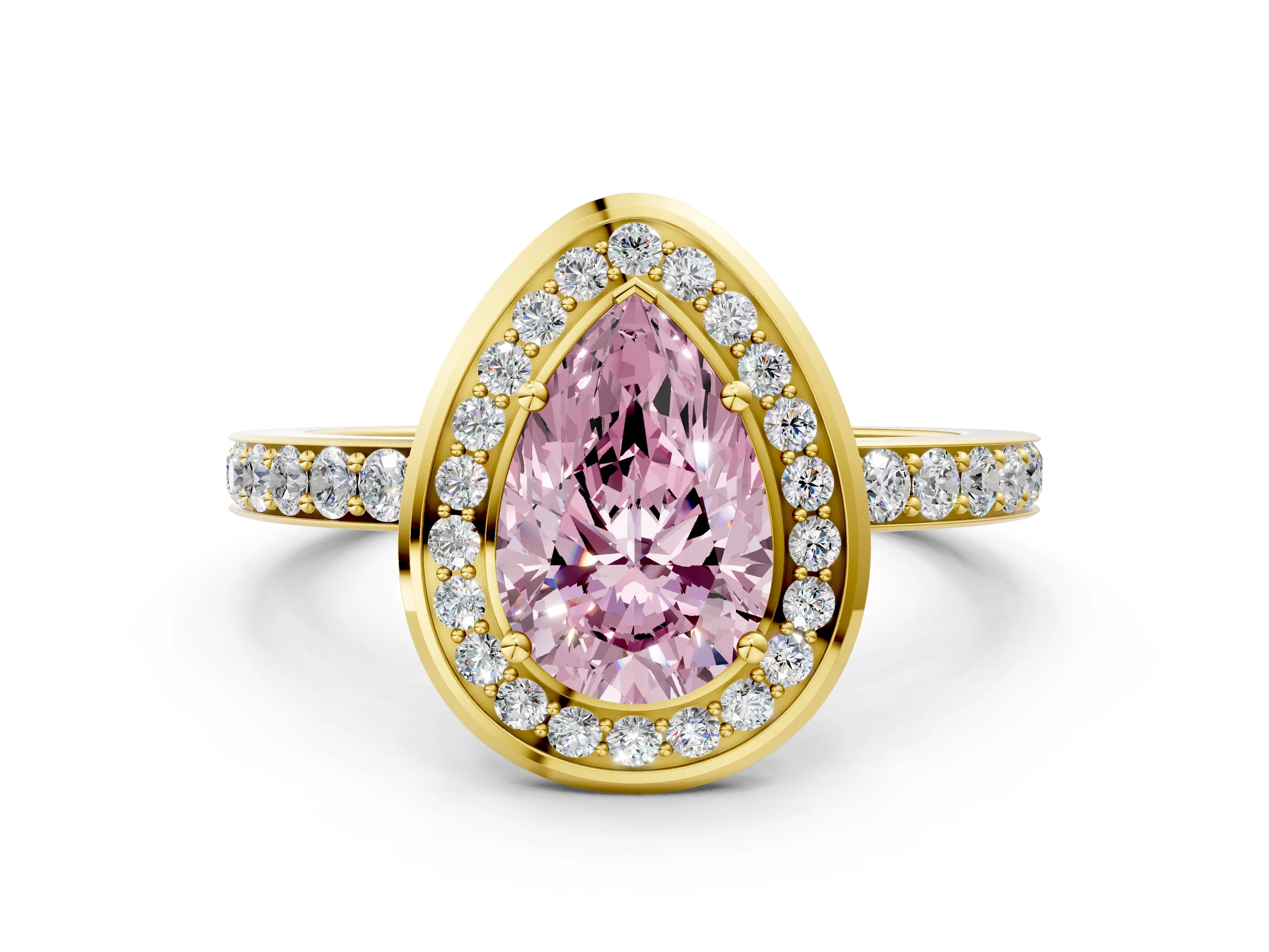 Yellow gold Fancy Pink Pear Cut Diamond Halo Ring with Bezel Frame and Pavé Band