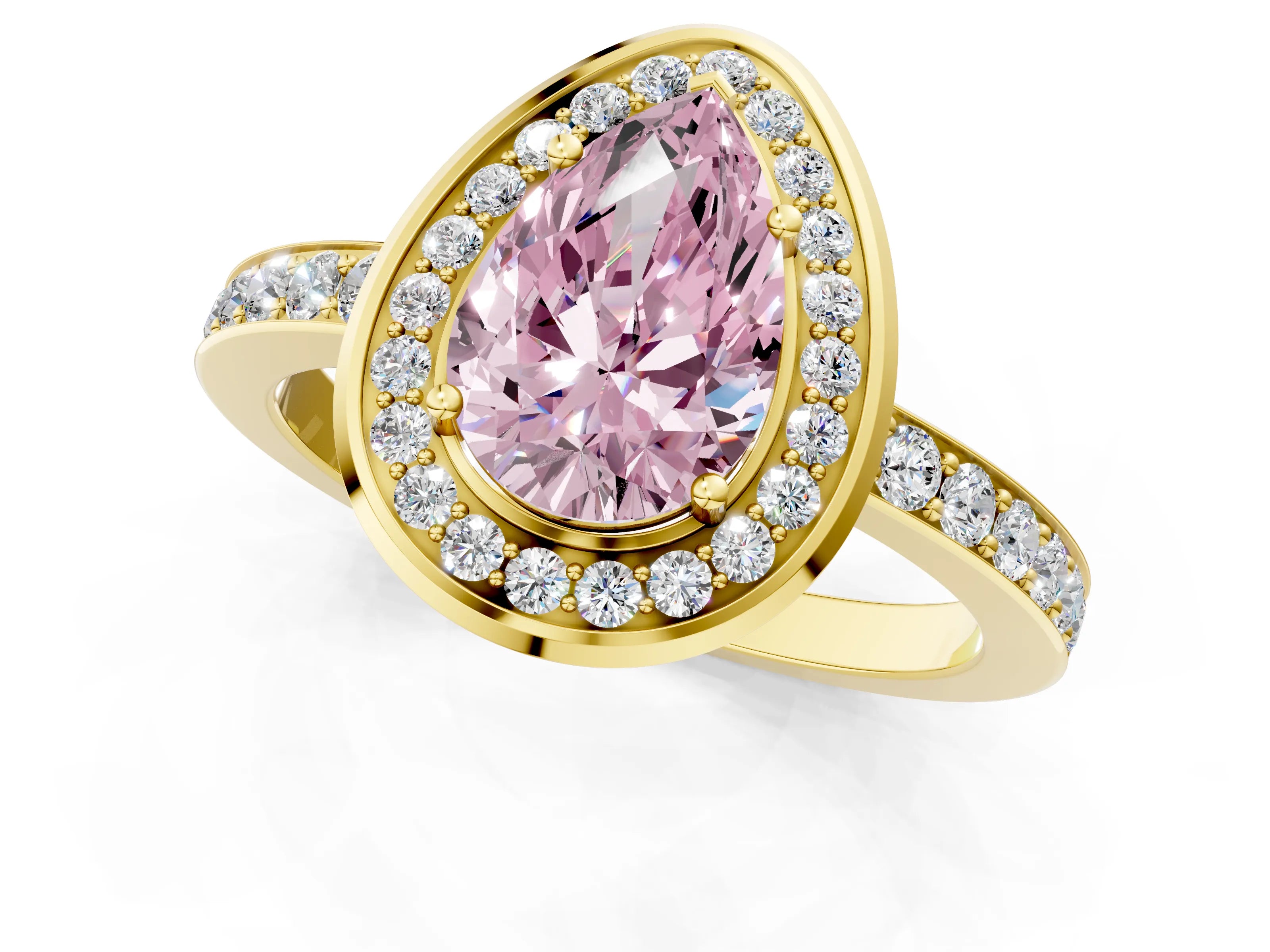 Yellow gold Fancy Pink Pear Cut Diamond Halo Ring with Bezel Frame and Pavé Band_1
