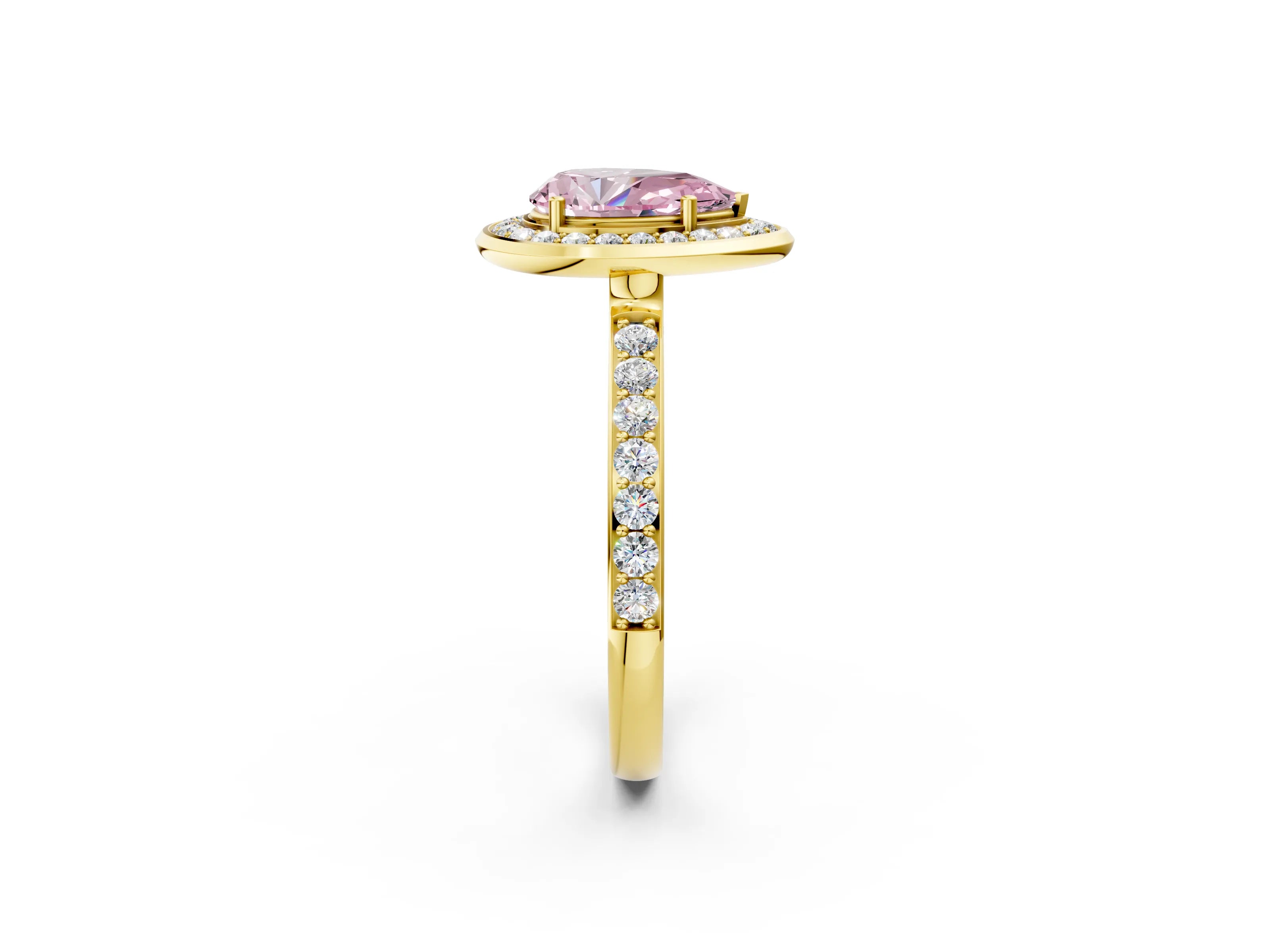 Yellow gold Fancy Pink Pear Cut Diamond Halo Ring with Bezel Frame and Pavé Band_2