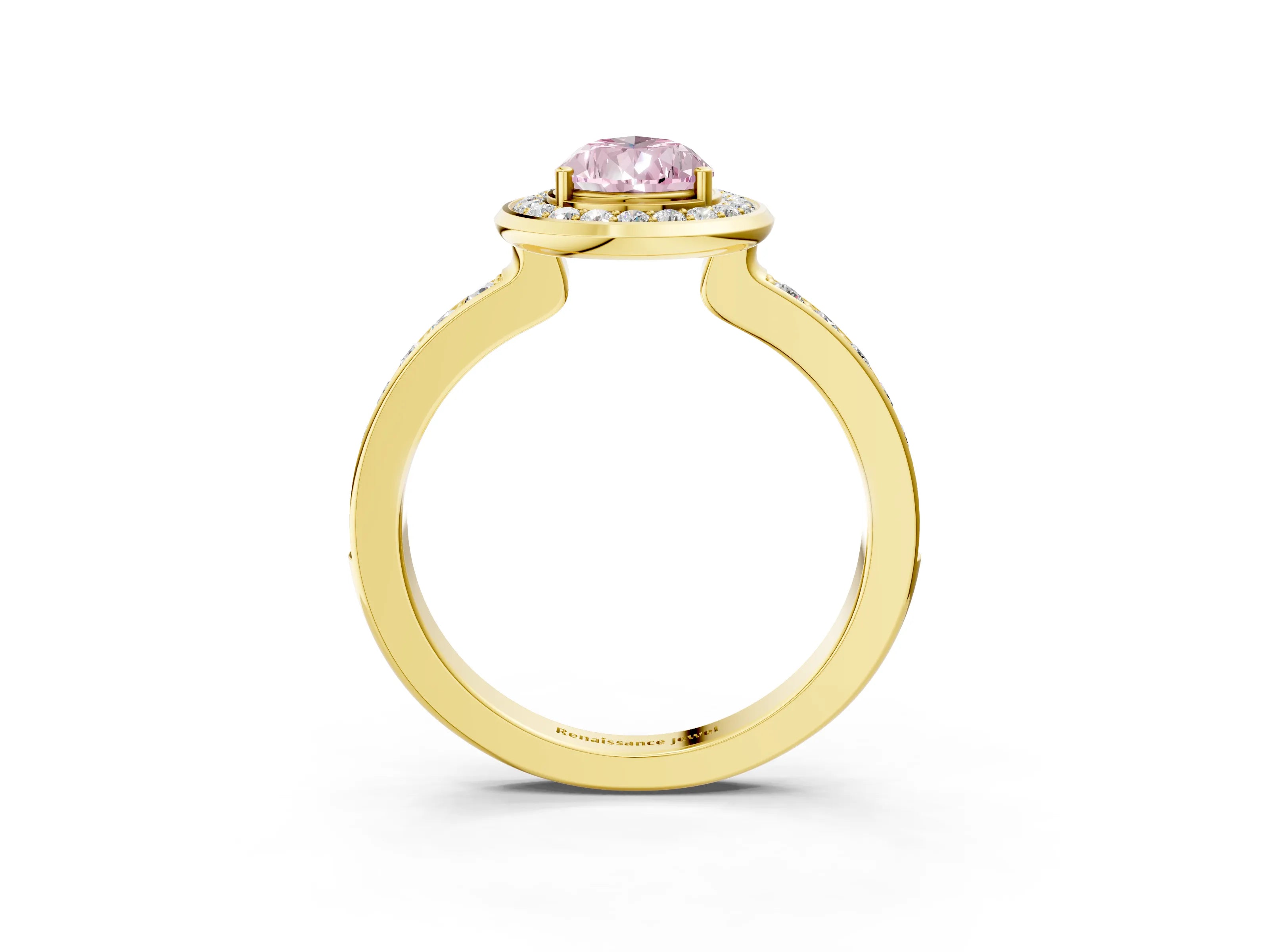 Yellow gold Fancy Pink Pear Cut Diamond Halo Ring with Bezel Frame and Pavé Band_3