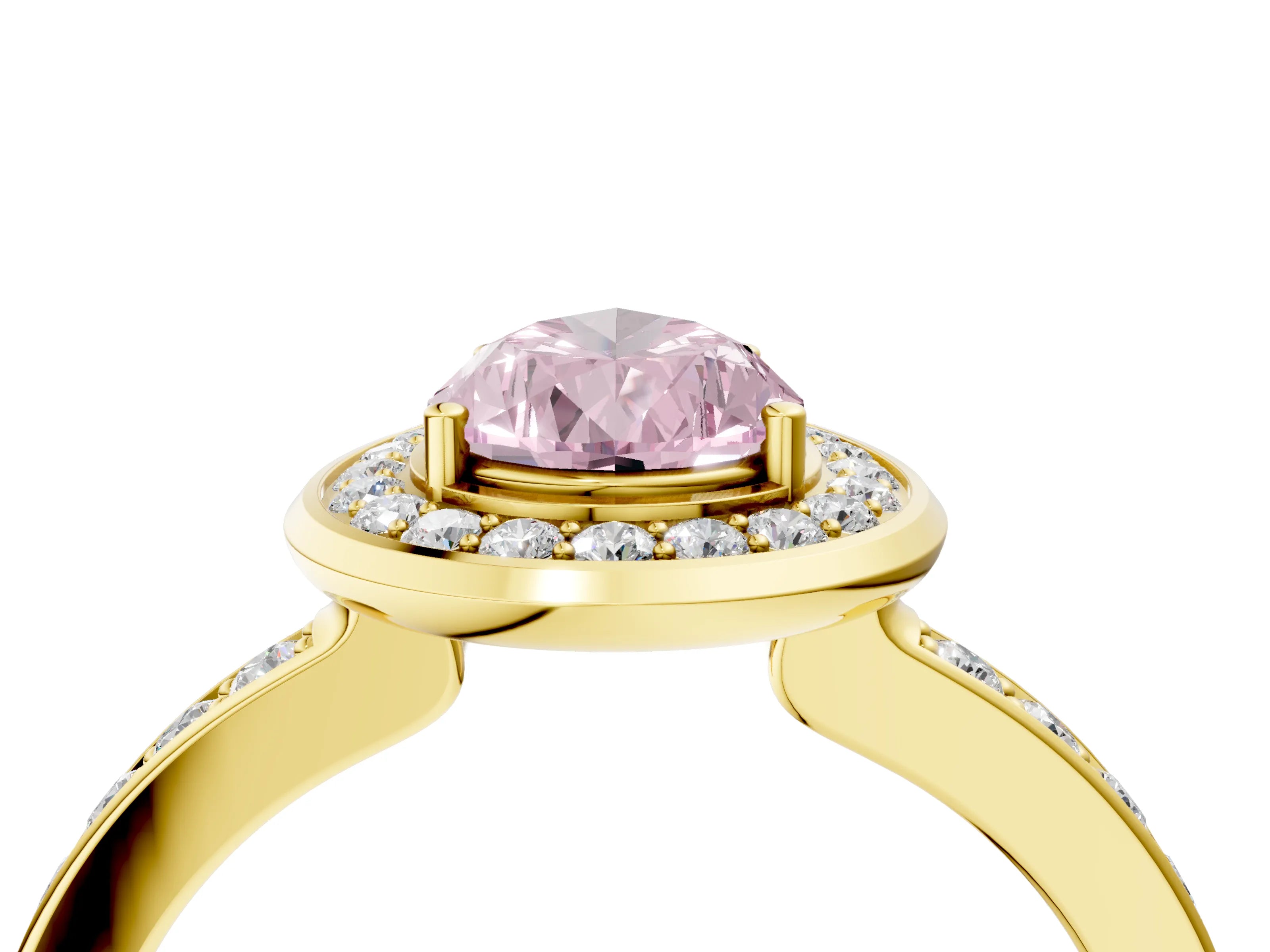Yellow gold Fancy Pink Pear Cut Diamond Halo Ring with Bezel Frame and Pavé Band_4