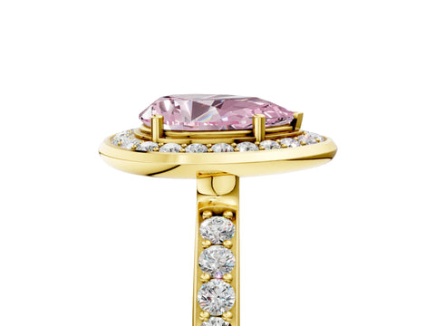 Yellow gold Fancy Pink Pear Cut Diamond Halo Ring with Bezel Frame and Pavé Band_5